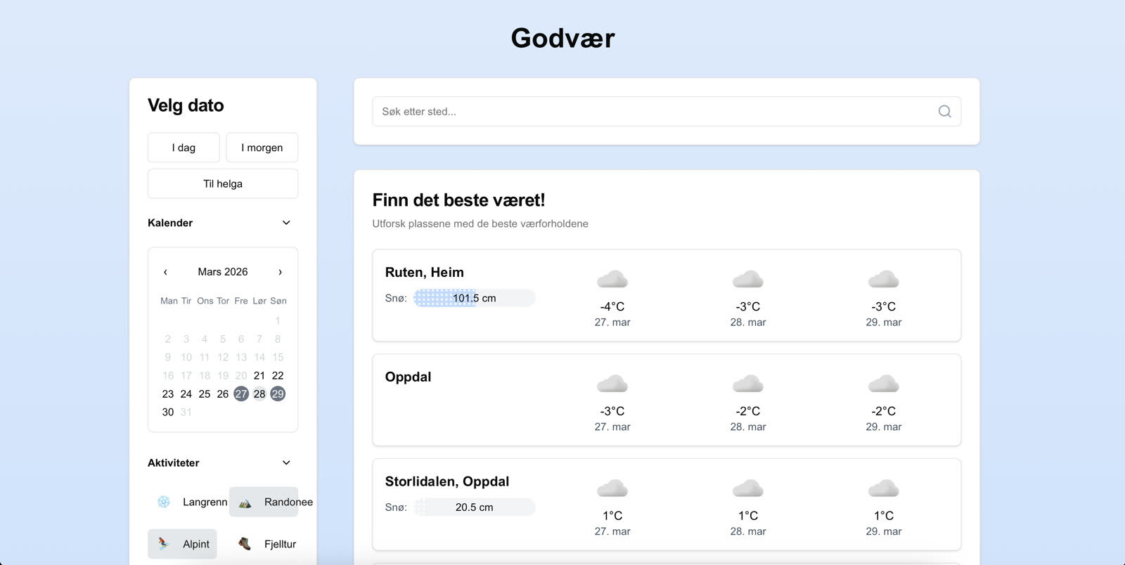 Weather planning interface showing destination forecasts and route planning details